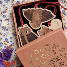 Load image into Gallery viewer, bat ornaments | on cherry wood
