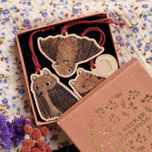 Load image into Gallery viewer, bat ornaments | on cherry wood
