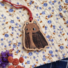 Load image into Gallery viewer, bat ornaments | on cherry wood
