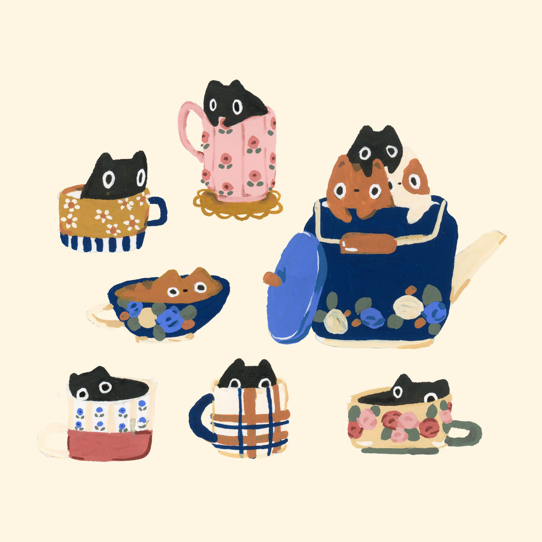 cats and lots of tea | FINE ART Giclée print